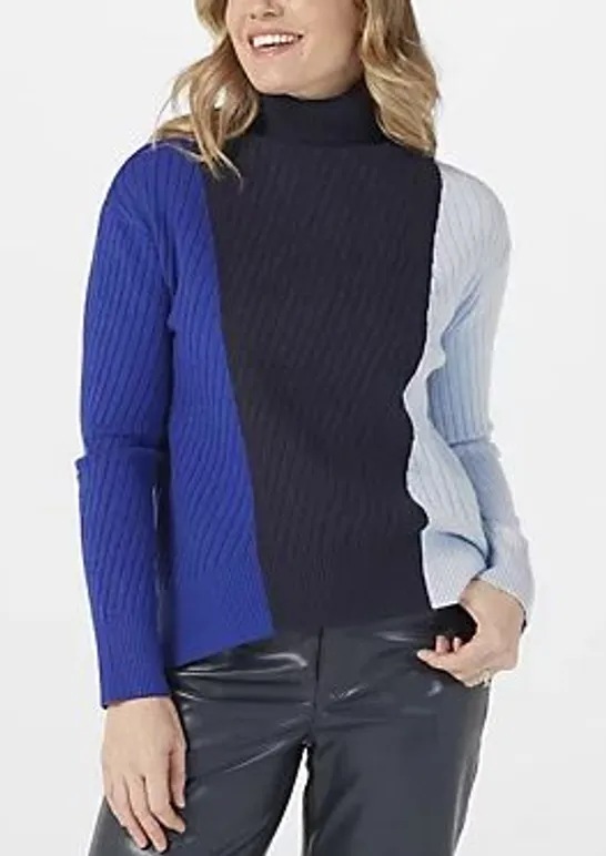 BOX OF BADGLEY MISCHKA DARK BLUE/BLACK/LIGHT BLUE TURTLE NECK JUMPER - SIZE LARGE