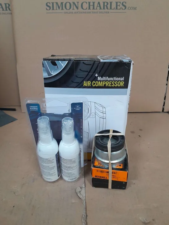 BOX OF ASSORTED CAR ITEMS TO INCLUDE AIR COMPRESSOR - ANT IFOG SPRAY - LERNER PLATE / COLLECTION ONLY 