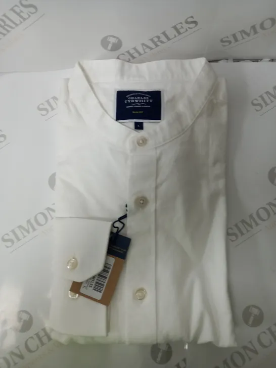 CHARLES TYRWHITT WHITE PLAIN SLIM FIT COLLARLESS SHIRT 