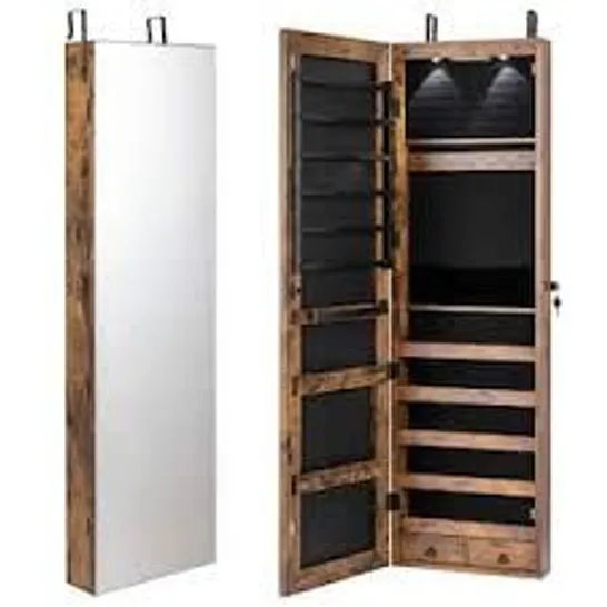 BOXED COSTWAY MIRRORED JEWELRY CABINET JEWELRY ORGANIZER W/2 LED LIGHTS RUSTIC BROWN (1 BOX)