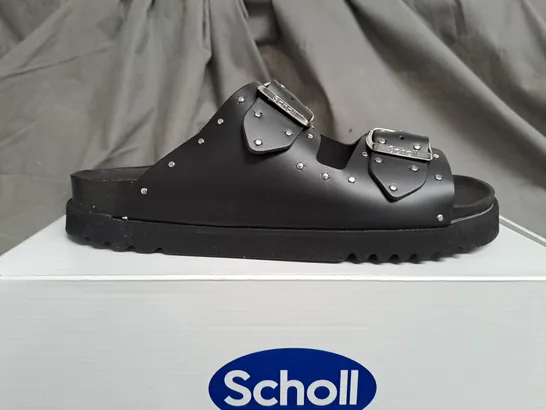 BOXED SCHOLL RAISED BLACK OPEN TOE SANDALS - SIZE 7