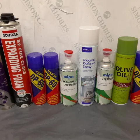 APPROXIMATELY 12 ASSORTED AEROSOLS TO INCLUDE DP-60, OLIVE OIL, AND FLEA SPRAY ETC.