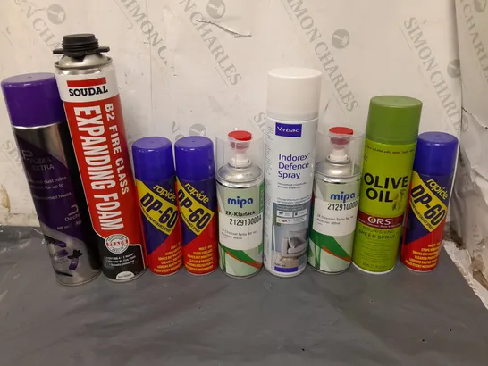 APPROXIMATELY 12 ASSORTED AEROSOLS TO INCLUDE DP-60, OLIVE OIL, AND FLEA SPRAY ETC.