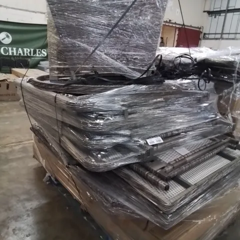 PALLET OF ASSORTED RATTAN GARDEN FURNITURE PARTS INCLUDING LARGE FIRE PIT TABLE, FIRE PIT TABLE, FIRE PIT TABLE PARTS.
