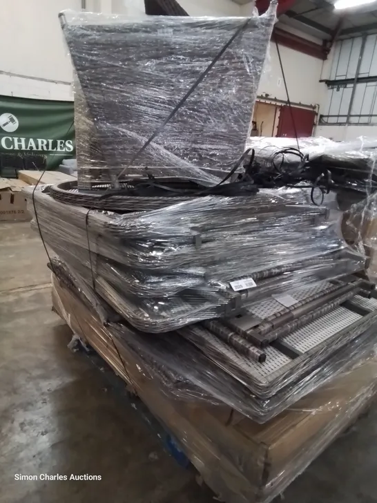 PALLET OF ASSORTED RATTAN GARDEN FURNITURE PARTS INCLUDING LARGE FIRE PIT TABLE, FIRE PIT TABLE, FIRE PIT TABLE PARTS.