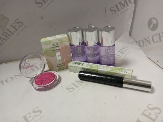 LOT OF 3 ASSORTED CLINIQUE PRODUCTS TO INCLUDE CHEEK POP 03 BERRY POP, HIGH IMPACT MASCARA, 3 X 30ML MAKE UP REMOVER