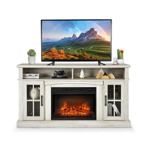 BOXED COSTWAY 58 INCH RUSTIC FIREPLACE TV STAND WITH 2 OPEN STORAGE COMPARTMENTS - GREY (1 BOX)