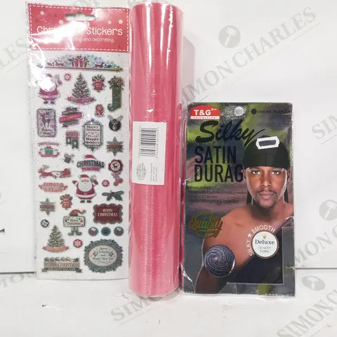 LOT OF APPROXIMATELY 10 ASSORTED HOUSEHOLD ITEMS TO INCLUDE SILKY SATIN DURAG, ORGANZA ROLL, CHRISTMAS STICKERS, ETC