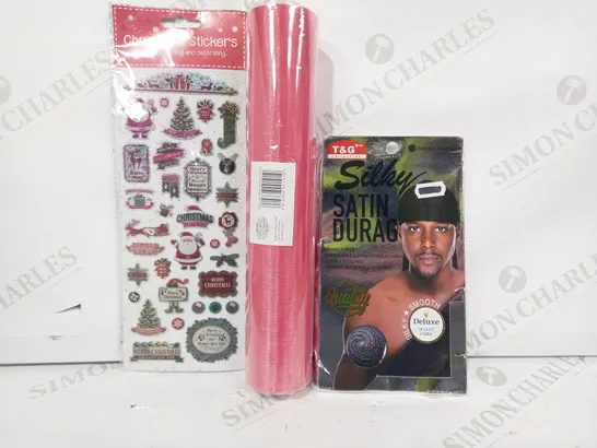 LOT OF APPROXIMATELY 10 ASSORTED HOUSEHOLD ITEMS TO INCLUDE SILKY SATIN DURAG, ORGANZA ROLL, CHRISTMAS STICKERS, ETC