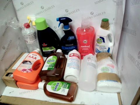LOT OF APPROXIMATELY 22 ASSORTED CLEANING ITEMS TO INCLUDE DETOL LIQUID CHLOROXYLENOL ANTISEPTIC 750ML, METHOD CONCENTRATED LAUNDRY DETERGENT PEONY BLUSH 1.56 LITRES AND IMPALA 80 DEGREES LEMON COLOGN