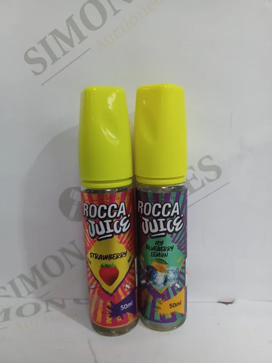 BOX OF APPROX 50 ROCCA JUICE VAPE LIQUID BOTTLES (50ML) IN DIFFERENT FLAVOURS TO INCLUDE - STRAWBERRY & ICY BLUEBERRY LEMON -  COLLECTION ONLY