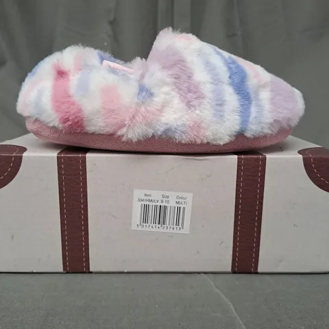 BOXED PAIR OF TOTES TOASTIES KIDS SLIPPERS IN PINK/MULTICOLOUR SIZE 9-10