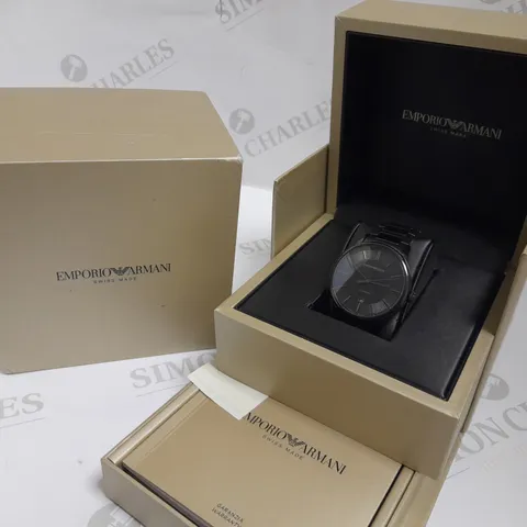 EMPORIO ARMANI SWISS AUTOMATIC BLACK STAINLESS STEEL WATCH WITH LINK FASTENING DETAIL