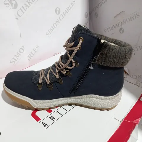 BOXED PAIR OF RIEKER NAVY ANKLE BOOTS  - SIZE 6