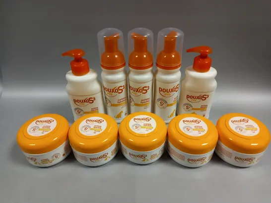 APPROXIMATELY 10 ASSORTED DOUXO S3 PYO CATS & DOGS SKINCARE PRODUCTS TO INCLUDE SHAMPOO, MOUSSE & HYDRATING PADS