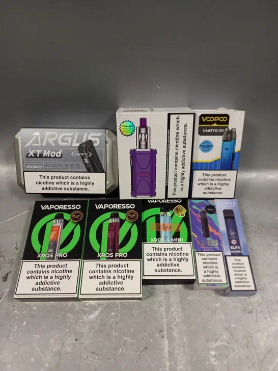 APPROXIMATELY 20 ASSORTED E-CIGARETTE PRODUCTS/ACCESSORIES TO INCLUDE VOOPOO, ELF BAR, VAPORESSO ETC 