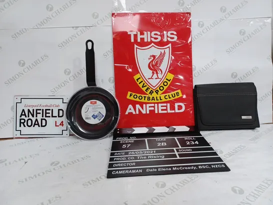 BOX OF APPROX 20 ASSORTED ITEMS TO INCLUDE - THIS IS LIVERPOOL METAL SIGN - AUDI PADDED BAG - NISBETS ESSENTIALS FRYING PAN ECT