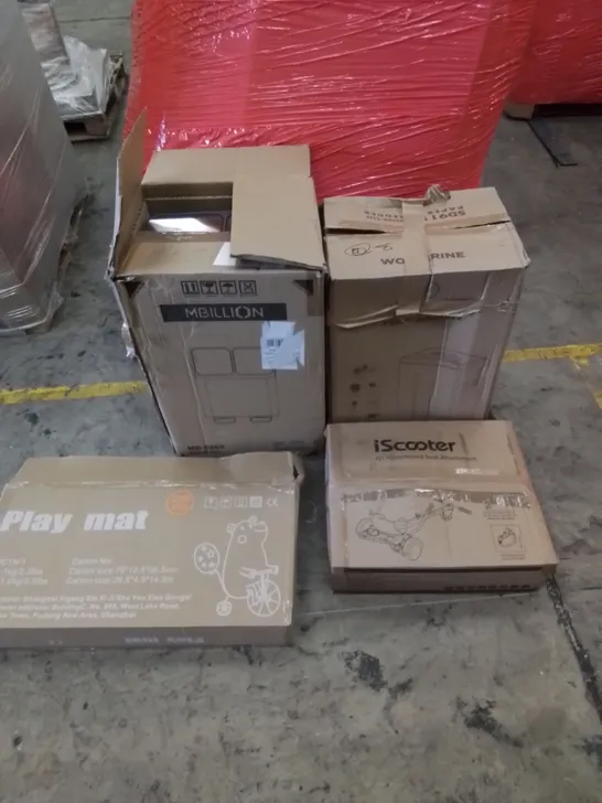 PALLET CONTAINING HOUSEHOLD & HOME IMPROVEMENT PRODUCTS. INCLUDES ELECTRIC HOT POT & GRILL, KIDS PLAY MAT, HOVERBOARD ATTACHMENT, PAPER SHREDDER, BIN ETC 