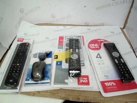 A BOX OF ASSORTED ITEMS INCLUDING X3 ALL FOR ONE REMOTES AND A TRAVEL OPTICAL MOUSE 