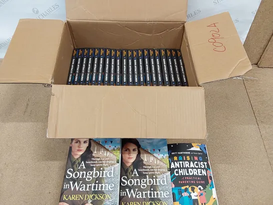 BOX OF ASSORTED BOOKS TO INCLUDE 31X 'RAISING ANTIRACIST CHILDREN' BY BRITT HAWTHORNE, 5X 'A SONGBIRD IN WARTIME' BY KAREN DICKSON (1 BOX)