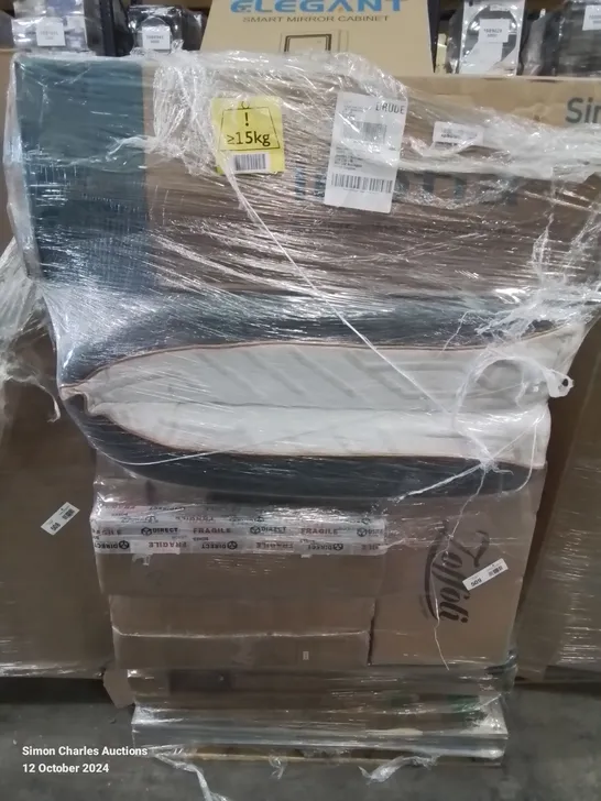 PALLET CONTAINING VARIOUS ASSORTED ITEMS TO INCLUDE: BOXED MATTRESSES, SMART MIRROR CABINET AND LOTS MORE BOXED ITEMS