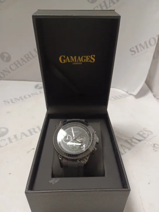 BOXED GAMAGES LONDON NAVIGATOR AUTOMATIC BLACK SILICONE STRAP WATCH 