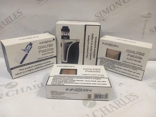 4 ASSORTED INNOKIN VAPING PRODUCTS TO INCLUDE; COOLFIRE PEBBLE SLIPSTREAM AND KROMA-A