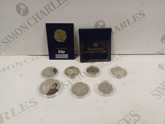 BOX TO CONTAIN APPROX. 20 X ASSORTED COMMEMORATIVE AND COLLECTORS COINS. DESIGNS VARY