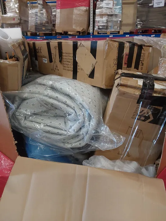 PALLET OF ASSORTED HOUSEHOLD ITEMS AND CONSUMER PRODUCTS TO INCLUDE; EXERCISE BIKE, PARTY TENT, BOXED FURNITURE ETC 