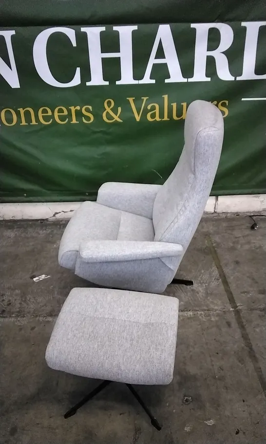 QUALITY BRITISH DESIGNED & MANUFACTURED G PLAN LUKAS MANUAL RECLINER SWIVEL CHAIR AND FOOTSTOOL CAMBRIDGE GREY FABRIC