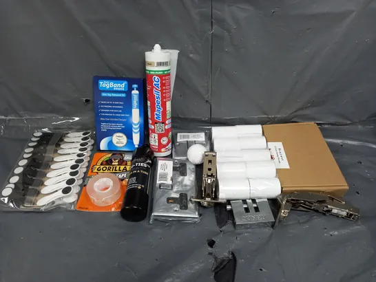 BOX OF ASSORTED HOUSEHOLD ITEMS TO INCLUDE PEGS, GORILLA TAPE AND HINGES