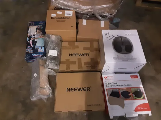 PALLET OF ASSORTED PRODUCTS INCLUDING NEEWER, POSTURE CUSHION, FOOT MASSAGER, BONSENKITCHEN COFFEE MAKER, GRAVITION PHOTON ARCHERY SET, BBL TOILET SEAT COVER