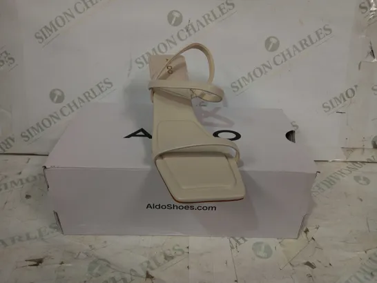 BOXED PAIR OF ALDO LOW HEELED OPEN TOE SANDALS IN BEIGE UK SIZE 5.5