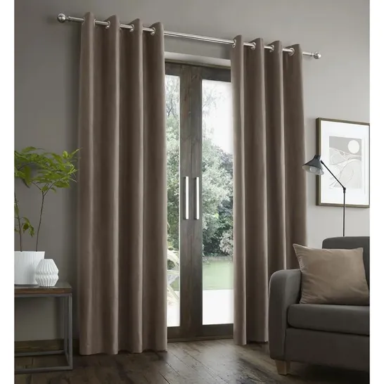 FAUX SUADE EYELET CURTAINS, NO SIZE OR COLOUR SPECIFIED