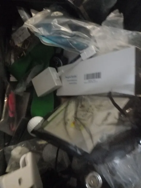 BOX OF APPROX 15 ASSORTED HOUSEHOLD ITEMS TO INCLUDE FIBER TWEEZERS, VIRGIN MEDIA TV REMOTE, GOLF BALLS, ETC 