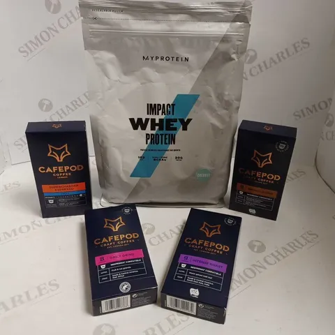 BOX OF APPROX 14 ITEMS TO INCLUDE WHEY PROTEIN POWDER AND CAFEPODS IN ASSORTED FLAVOURS