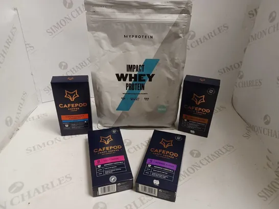 BOX OF APPROX 14 ITEMS TO INCLUDE WHEY PROTEIN POWDER AND CAFEPODS IN ASSORTED FLAVOURS