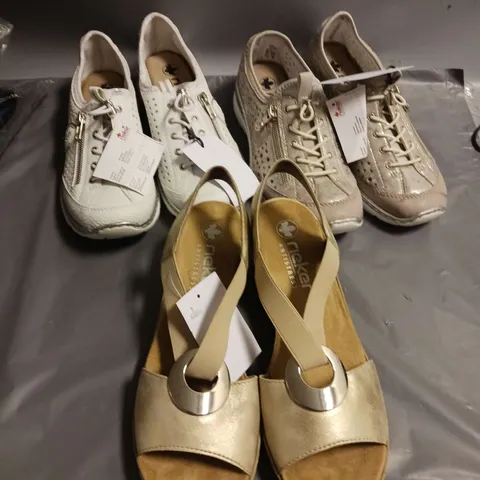 APPROXIMATELY 16 PAIRS OF LADIES SHOES TO INCLUDE RIEKER AND HUSH PUPPIES. VARIOUS SIZES AND STYLES