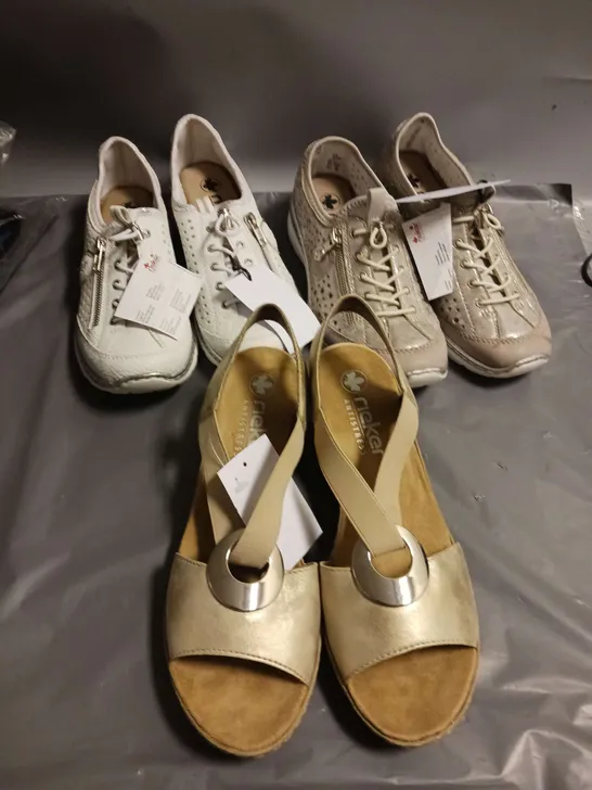 APPROXIMATELY 16 PAIRS OF LADIES SHOES TO INCLUDE RIEKER AND HUSH PUPPIES. VARIOUS SIZES AND STYLES