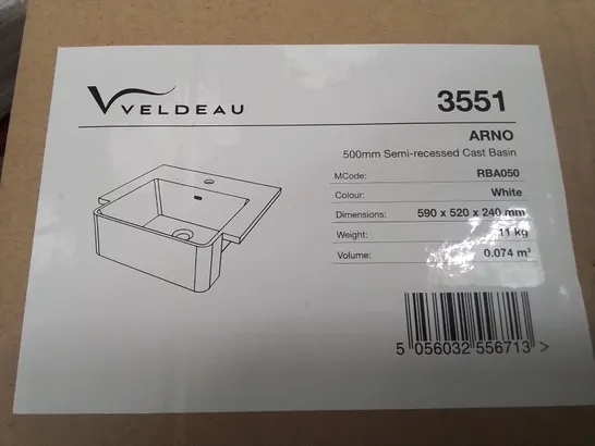 BOXED AS NEW VELDEAU ARNO 500MM SEMI RECESSED CAST BASIN IN WHITE - 590X520X240MM