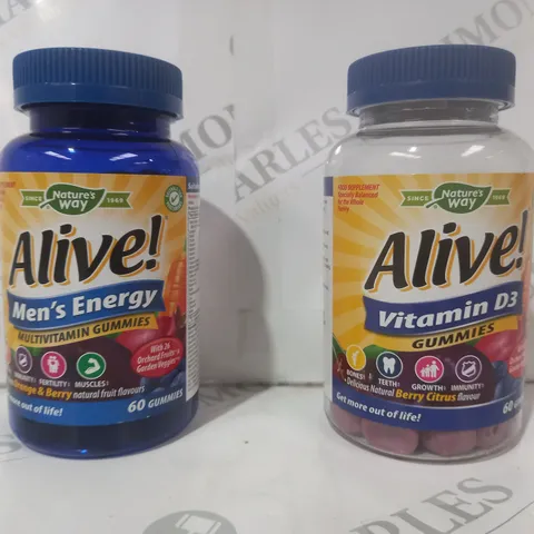 BOXED SET OF 2 ALIVE FOOD SUPPLEMENT TUBS TO INCLUDE MEN'S ENERGY MULTIVITAMIN GUMMIES, AND VITAMIN D3 GUMMIES
