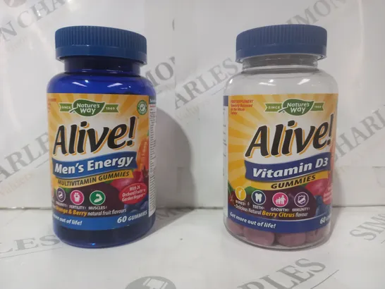 BOXED SET OF 2 ALIVE FOOD SUPPLEMENT TUBS TO INCLUDE MEN'S ENERGY MULTIVITAMIN GUMMIES, AND VITAMIN D3 GUMMIES