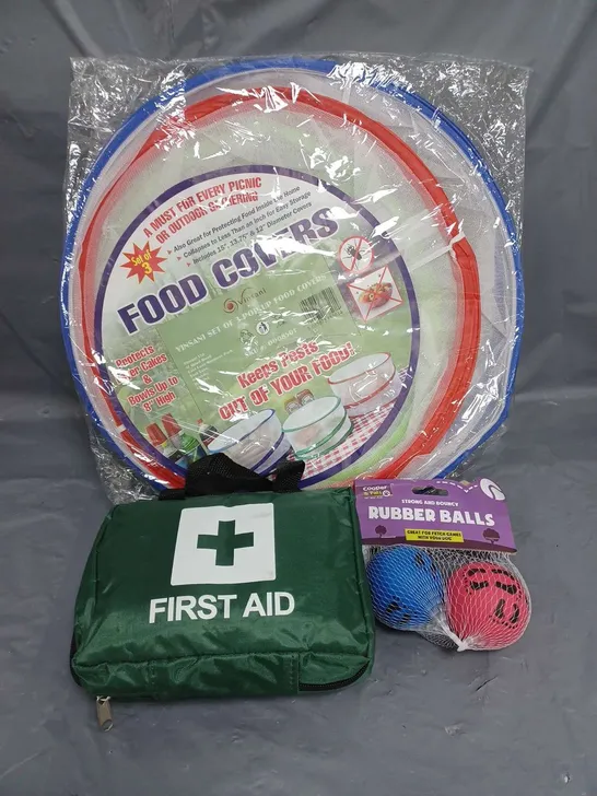 APPROXIMATELY 10 HOUSEHOLD ITEMS TO INCLUDE FIRST AID KIT AND FOOD COVERS