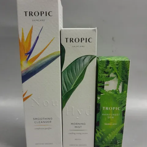 BOXED SET OF THREE TROPICS SKINCARE TO INCLUDE SMOOTHING CLEANSER (120ML), MORNING MIST SOOTHING TONING ESSENCE (100ML) AND RAINFORST DEW HYDRATION SERUM (30ML)