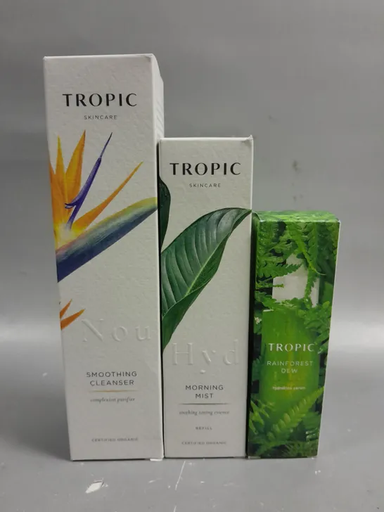 BOXED SET OF THREE TROPICS SKINCARE TO INCLUDE SMOOTHING CLEANSER (120ML), MORNING MIST SOOTHING TONING ESSENCE (100ML) AND RAINFORST DEW HYDRATION SERUM (30ML)