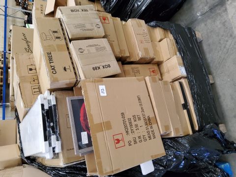 PALLET OF ASSORTED ITEMS INCLUDING CAT TREES, BOXED PUCTURE FRAMES, 
