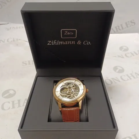 MENS ZIHLMANN & CO AUTOMATIC WATCH - Z210 – SKELETON DIAL – GOLD COLOUR CASE – GENUINE LEATHER CASE – HAND ASSEMBLED 