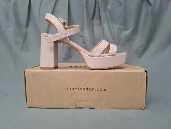 BOXED PAIR OF DUNE LONDON OPEN TOE MID HEEL PLATFORM SANDALS IN NUDE SIZE 6