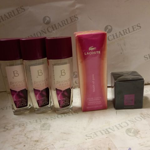 LOT OF 5 ASSORTED FRAGRANCES TO INCLUDE BEYONCE HEAT WILD ORCHID SPRAY, LACOSTE TOUCH OF PINK, THE BODY SHOP BLACK MUSK PERFUME OIL