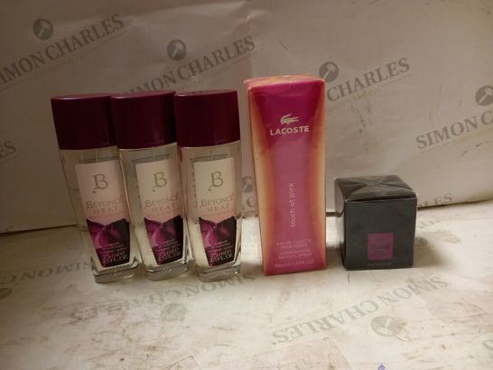LOT OF 5 ASSORTED FRAGRANCES TO INCLUDE BEYONCE HEAT WILD ORCHID SPRAY, LACOSTE TOUCH OF PINK, THE BODY SHOP BLACK MUSK PERFUME OIL